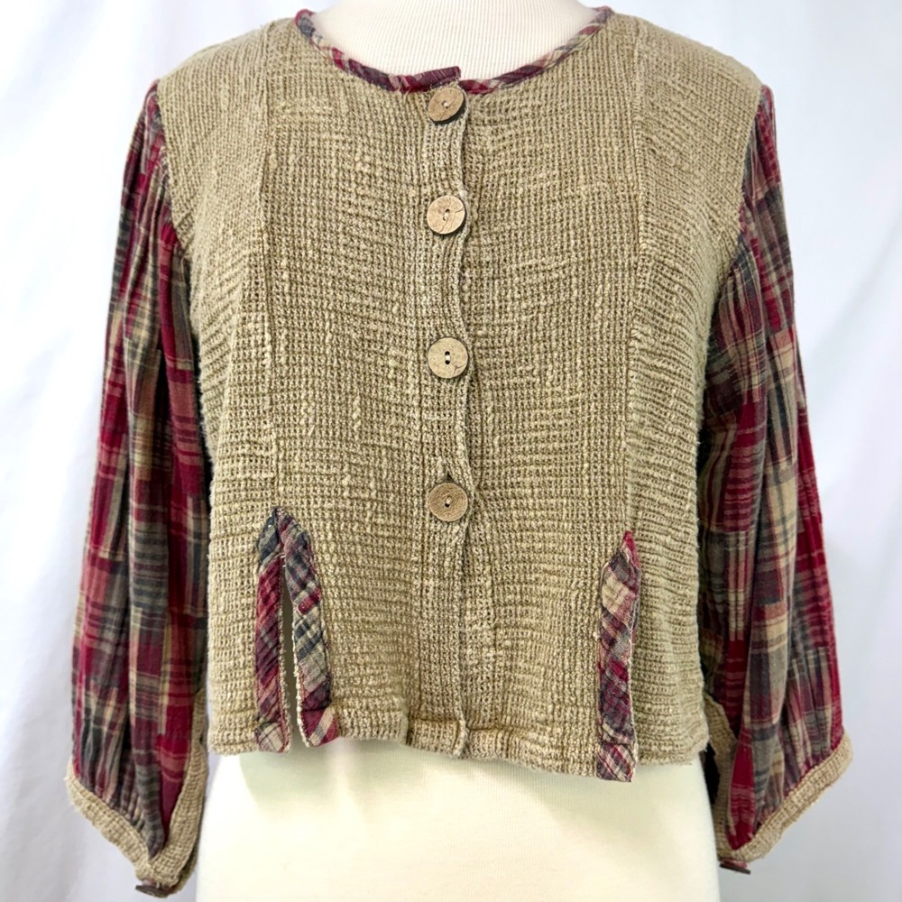 PAPER LACE Mixed Media Burlap Plaid Cropped Top S Tan Red Boho Cottage Prairie